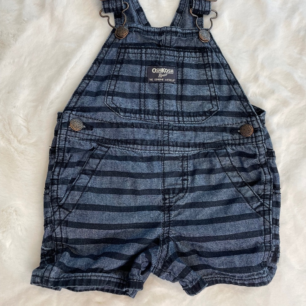 OshKosh B'gosh Striped Shortalls 9M Denim with Blue Horizontal Stripes - Picture 2 of 14